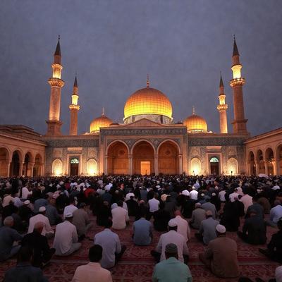 The primary subject of the image is a large crowd of people gathered in front of a mosque. The setting is an outdoor area with a red carpet, and the visual style is a photo. The crowd is diverse, with people of various ages and genders, and they are all dressed in traditional Muslim attire. The mosque itself is a prominent feature in the background, and the overall atmosphere is one of unity and spirituality.